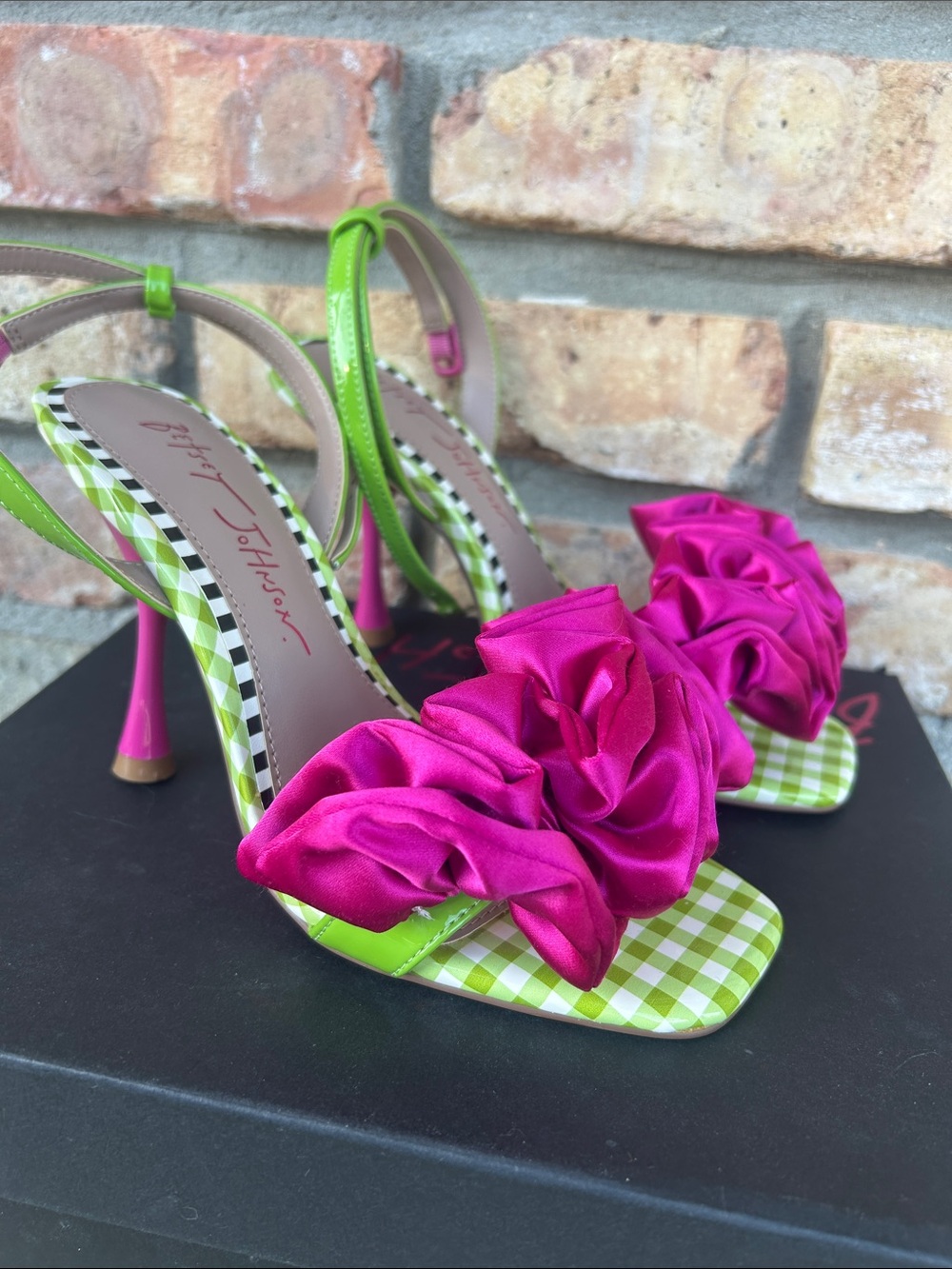 Betsey Johnson Hot Pink Satin Ruffle & Lime Green Gingham Slingback Heels